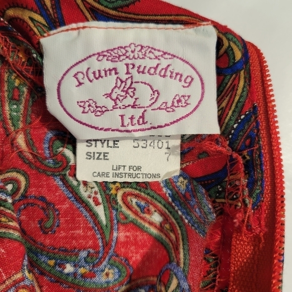 Vintage 80s Red Teardrop Print Ruffle Collar Pleated Girls Christmas Dre… - Picture 6 of 8